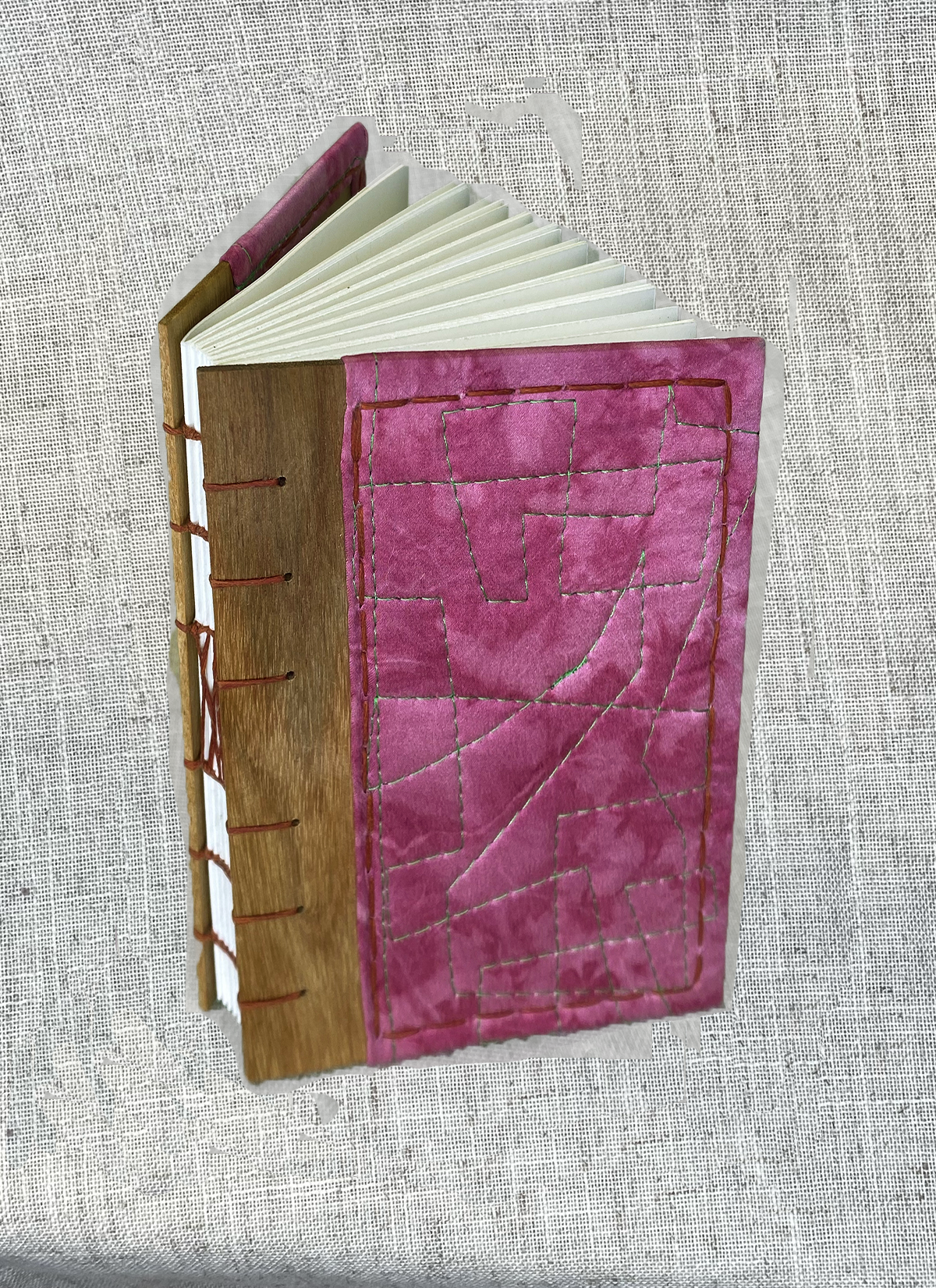Pocket-sized 4"x6" - Weld + Cochineal Swirl Silk on Canarywood w/ Rust Stitching