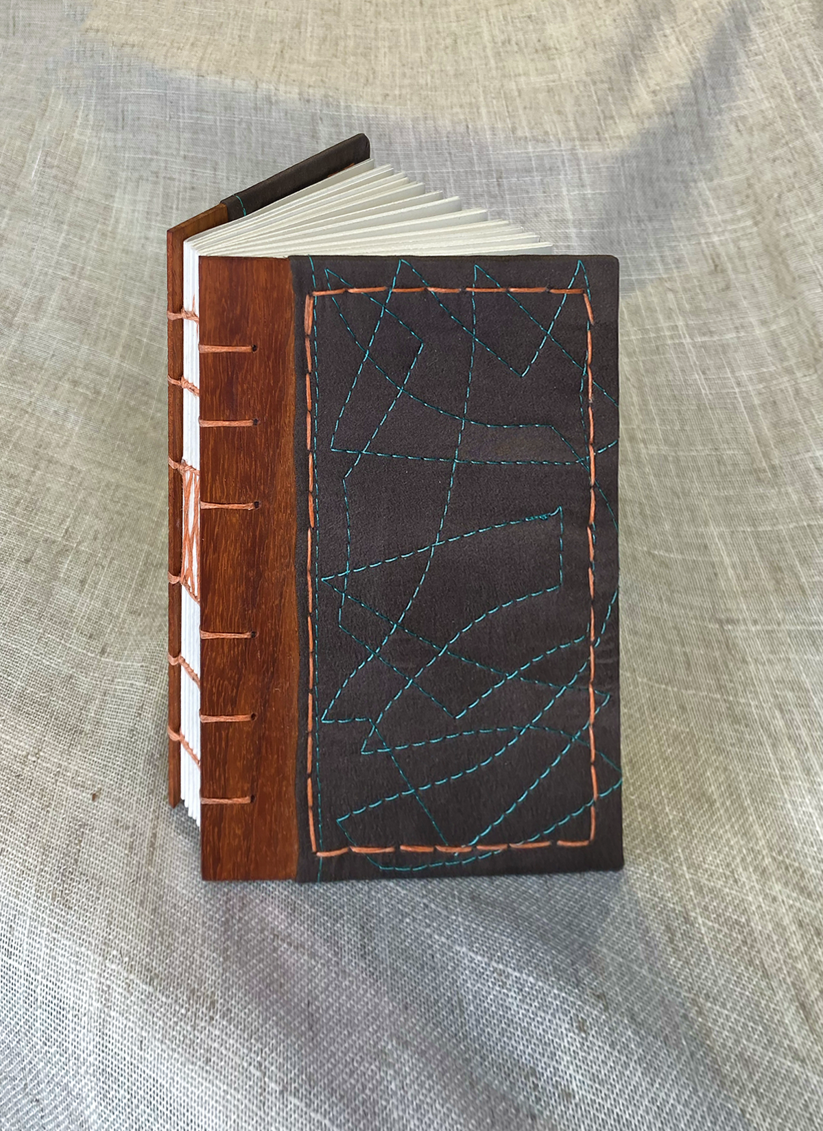 Pocket-sized 4"x6" - Cutch + Iron Silk on Padauk Wood w/ Coral Stitching