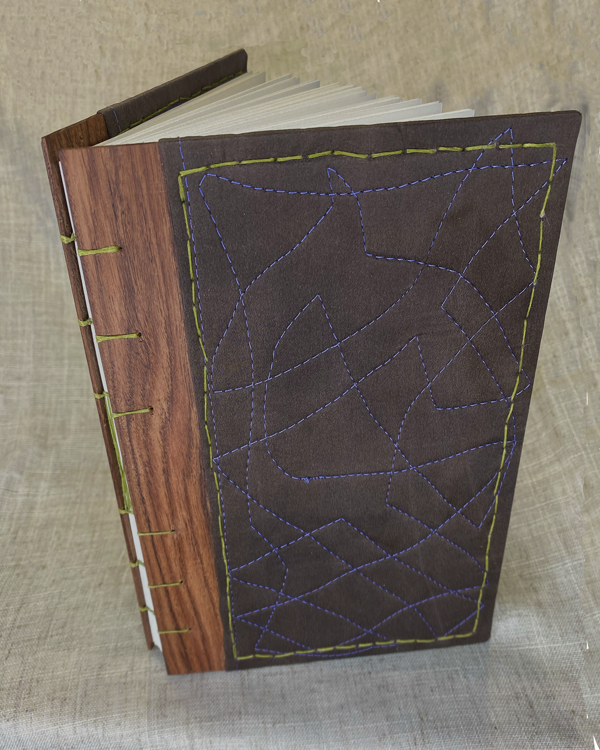 Journal-sized 6"x8" - Deep Cutch + Iron Silk on Bolivian Rosewood w/ Chartreuse Stitching