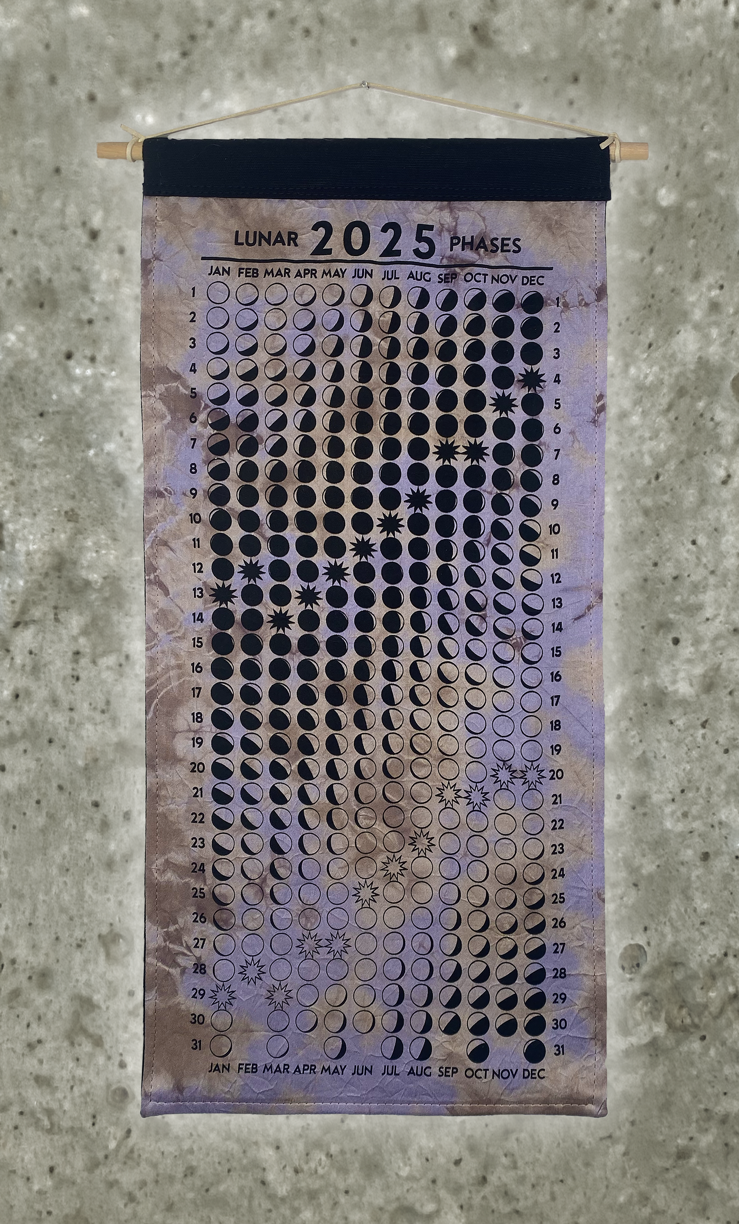 Lunar Phase Calendar 2025 - Deep Sappanwood Swirl Silk w/ Black Ink