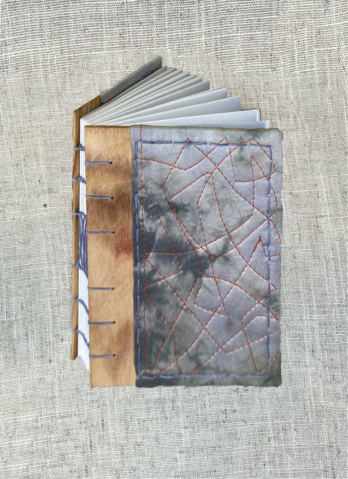 Pocket-sized 4"x6" - High pH Sappanwood Swirl Silk on Canarywood w/ Blue-Grey Stitching