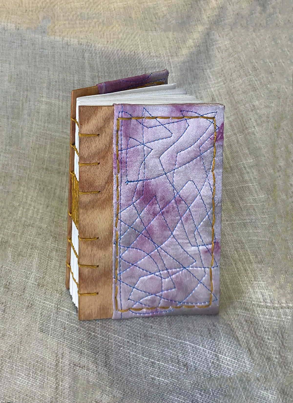 Pocket-sized 4"x6" - Light Cochineal + Iron Swirl Silk on Canarywood w/ Mustard Stitching