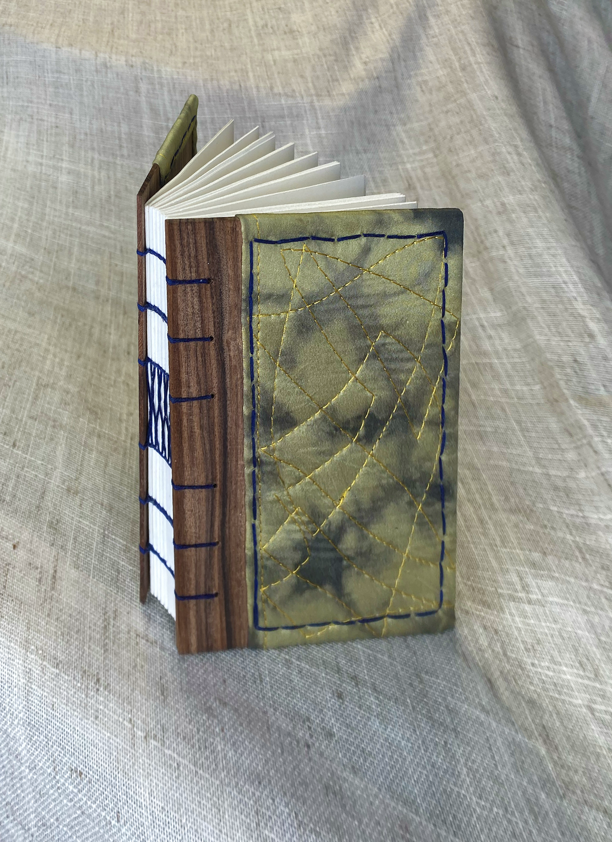 Pocket-sized 4"x6" - Logwood/Weld Swirl Silk on Bolivian Rosewood w/ Blue Stitching