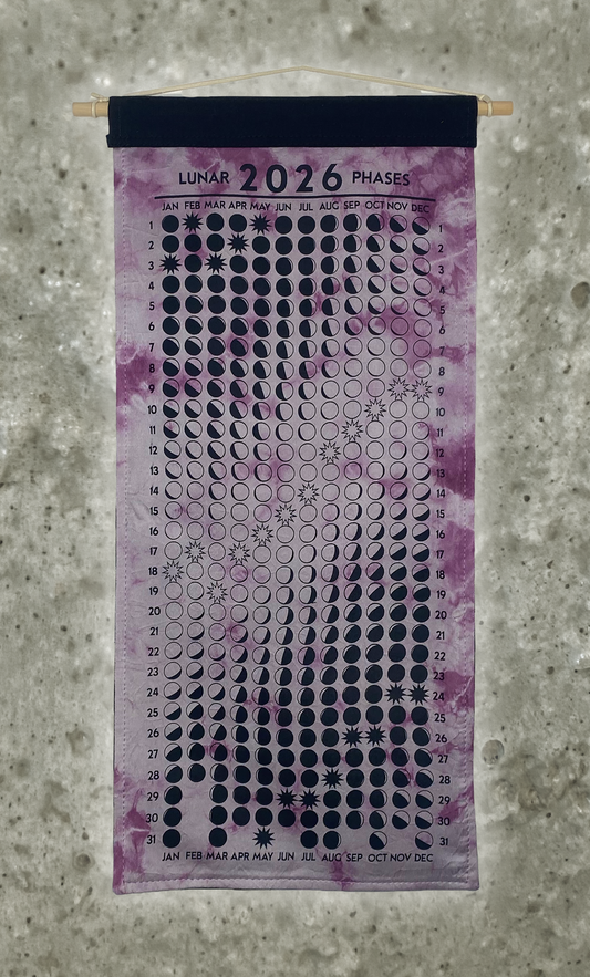 Lunar Phase Calendar 2026 - Cochineal + Iron Swirl Silk w/ Black Print