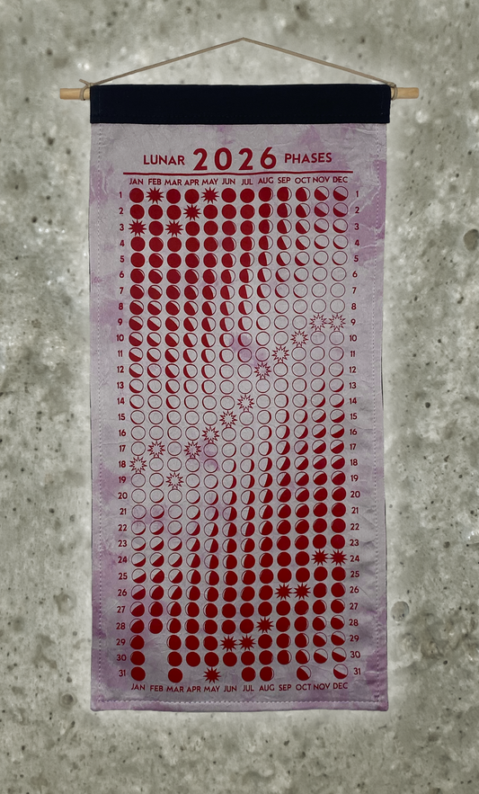 Lunar Phase Calendar 2026 - Cochineal + Iron Swirl Silk w/ Red Print