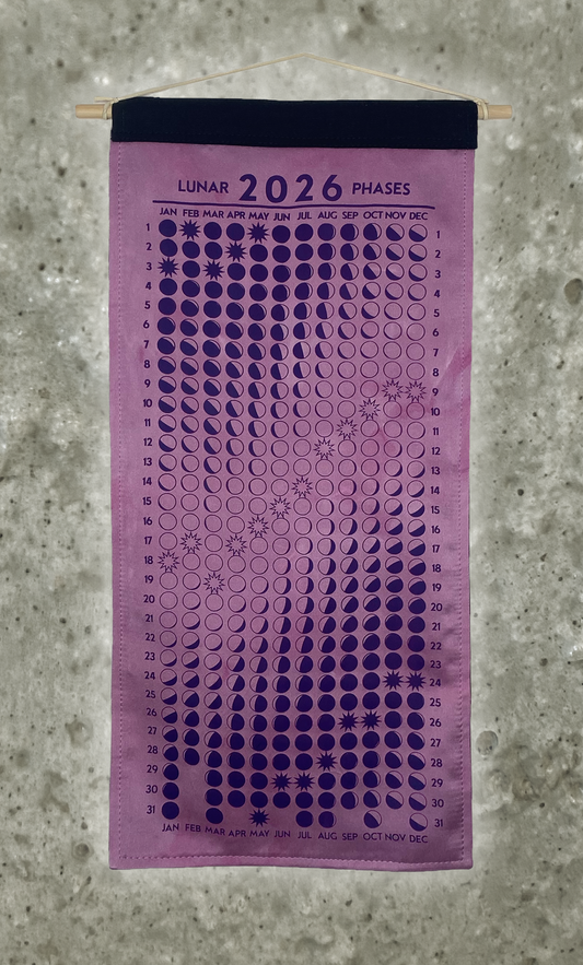 Lunar Phase Calendar 2026 - Light Cochineal Silk w/ Purple Print
