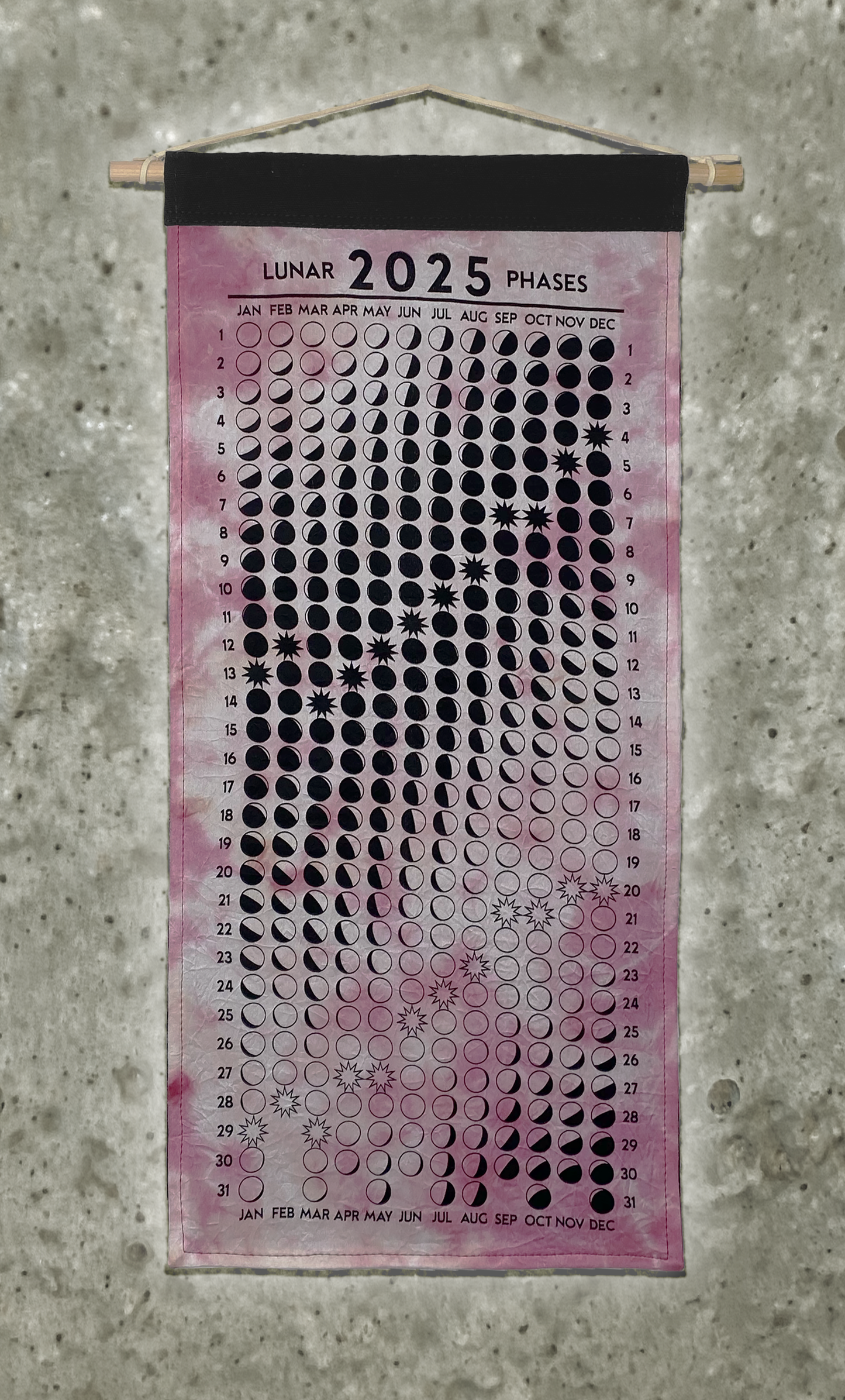 Lunar Phase Calendar 2025 - Cochineal Swirl Silk w/ Black Ink