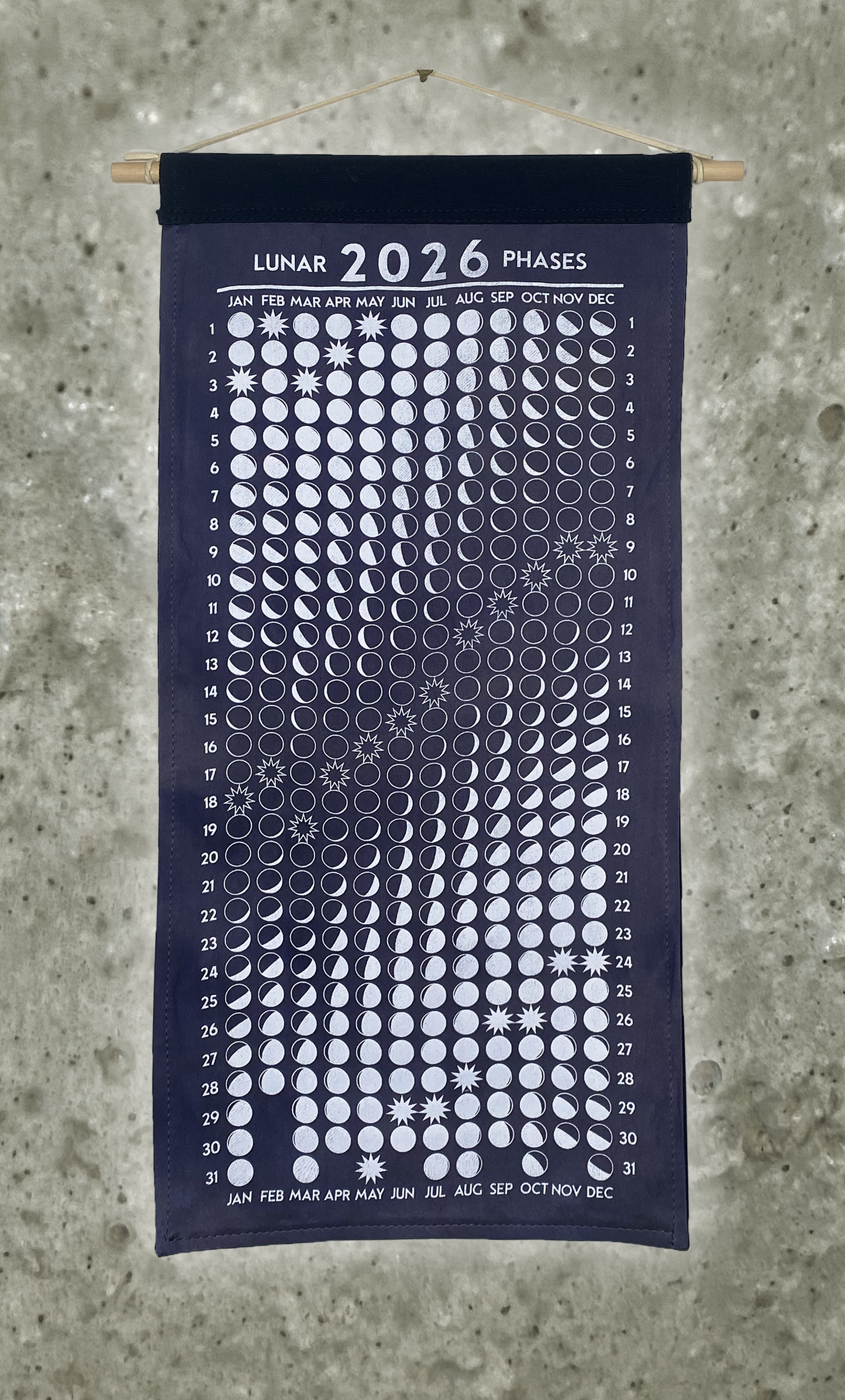 Lunar Phase Calendar 2026 - Deep Logwood Silk w/ White Print