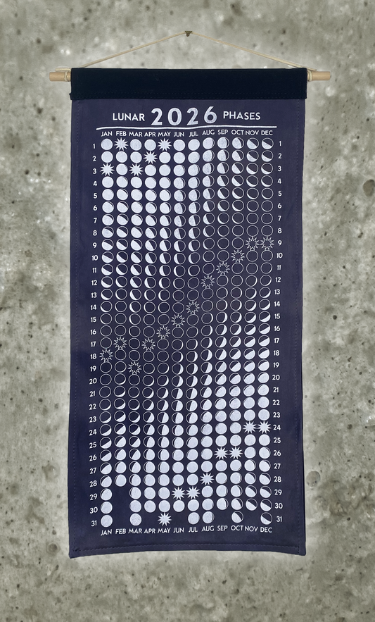 Lunar Phase Calendar 2026 - Deep Logwood Silk w/ White Print