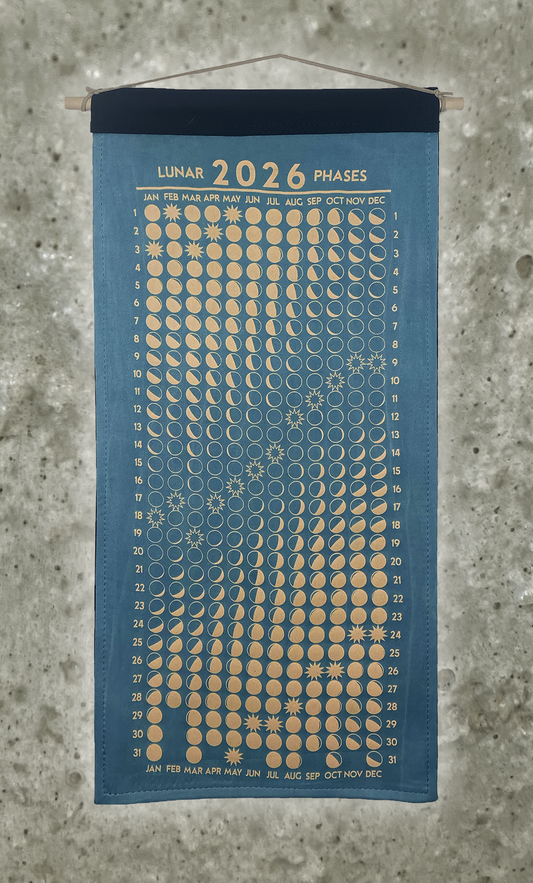 Lunar Phase Calendar 2026 - Garden Indigo Silk w/ Peach Print
