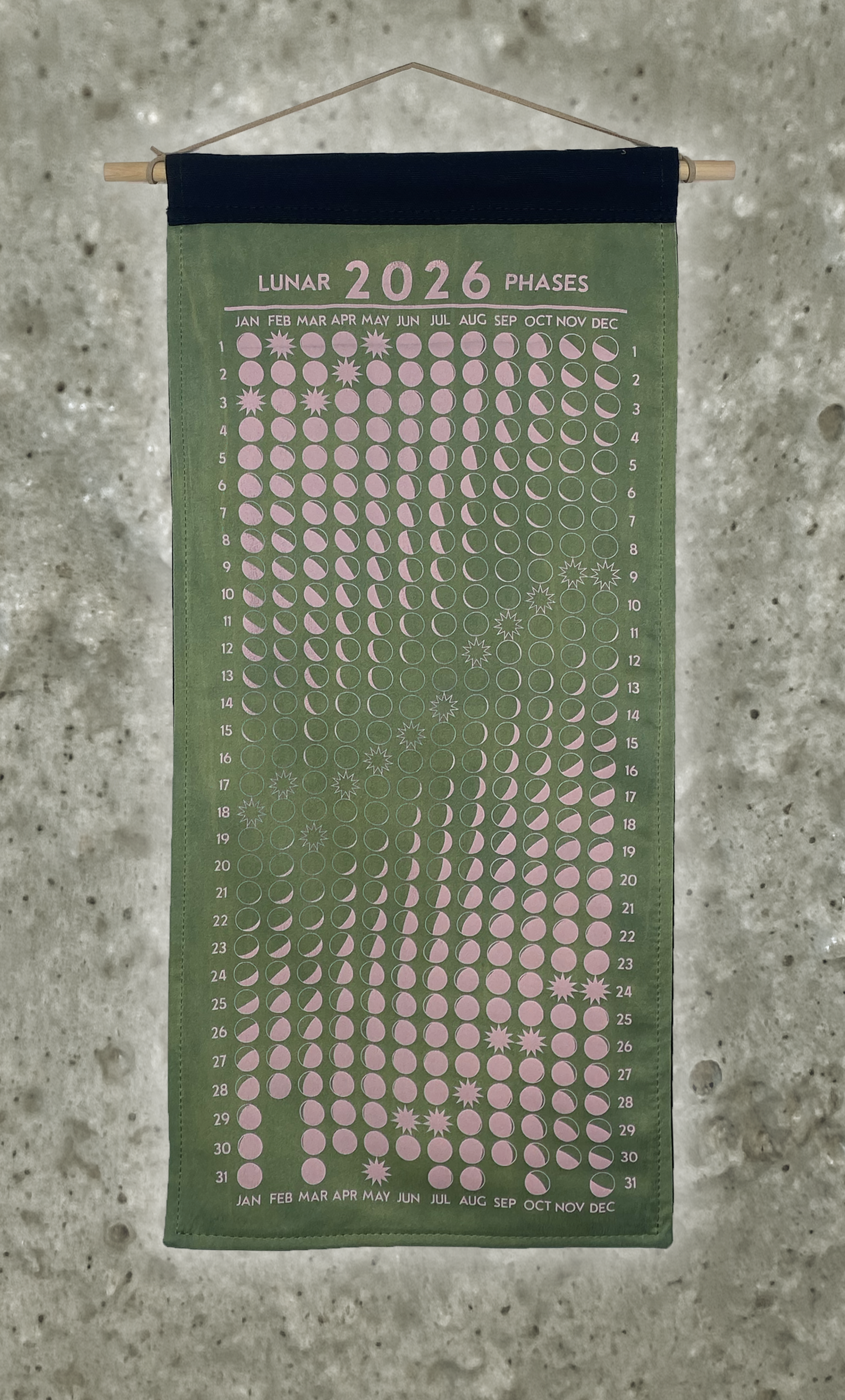 Lunar Phase Calendar 2026 - Garden Indigo and Deep Marigold Silk w/ Bubblegum Print