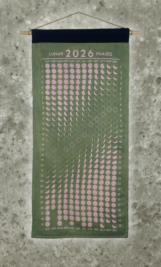 Lunar Phase Calendar 2026 - Garden Indigo and Deep Marigold Silk w/ Bubblegum Print