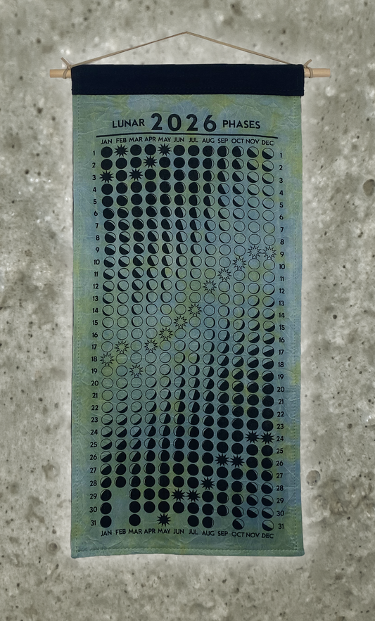 Lunar Phase Calendar 2026 - Garden Indigo and Deep Marigold Swirl Silk w/ Black Print