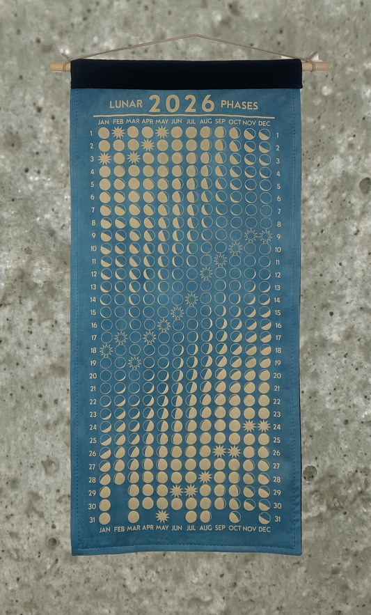 Lunar Phase Calendar 2026 - Garden Indigo Mordanted Silk w/ Peach Print