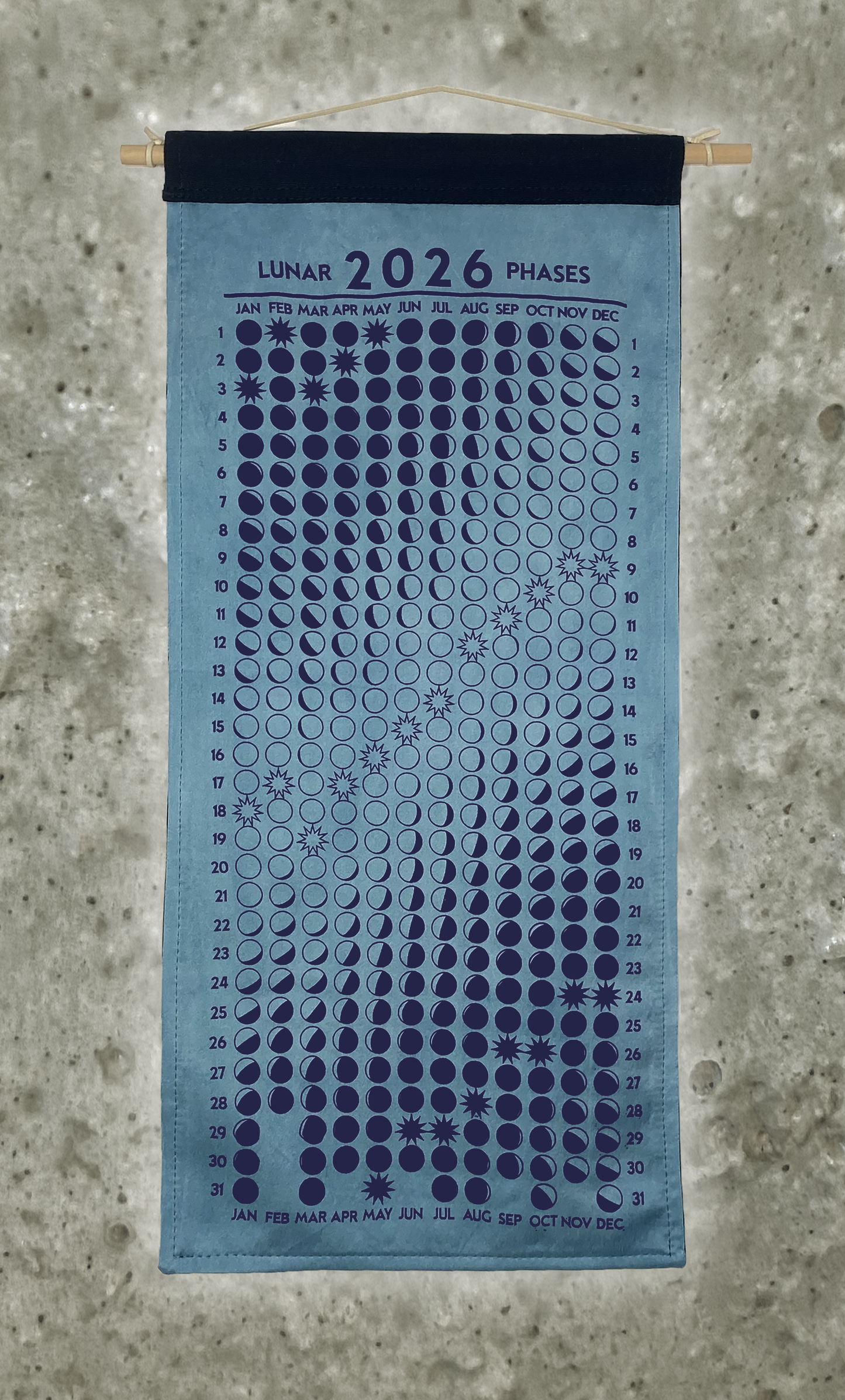 Lunar Phase Calendar 2026 - Garden Indigo Silk w/ Purple Print