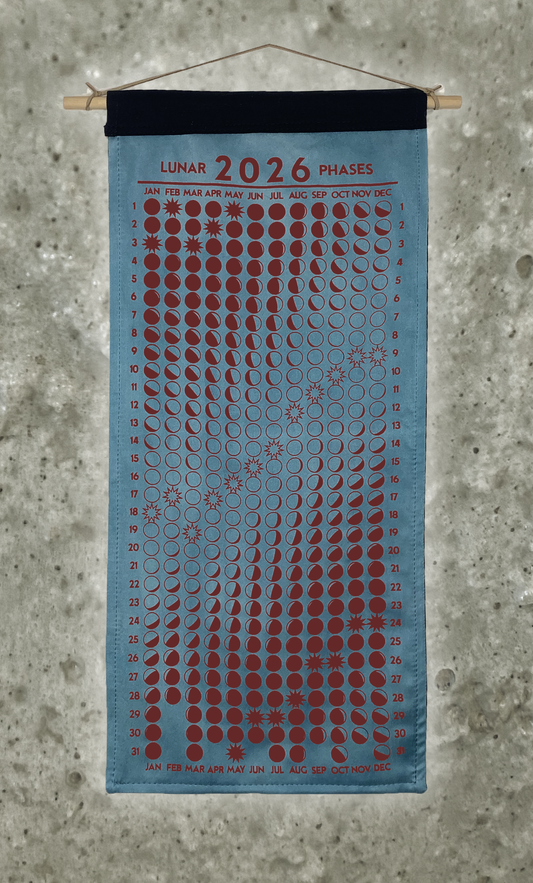 Lunar Phase Calendar 2026 - Garden Indigo Silk w/ Red Print