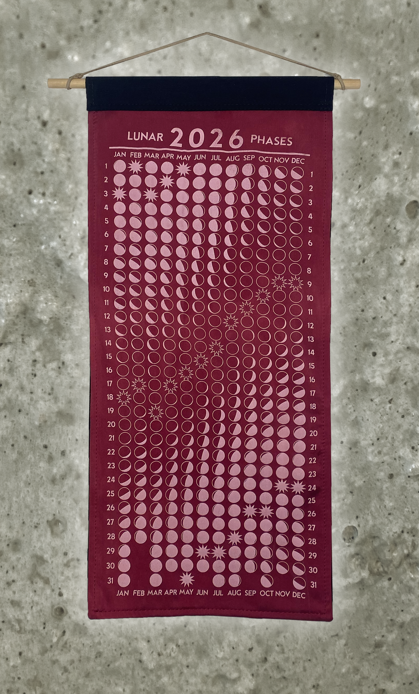 Lunar Phase Calendar 2026 - Deep Lac and Marigold Silk w/ Bubblegum Print