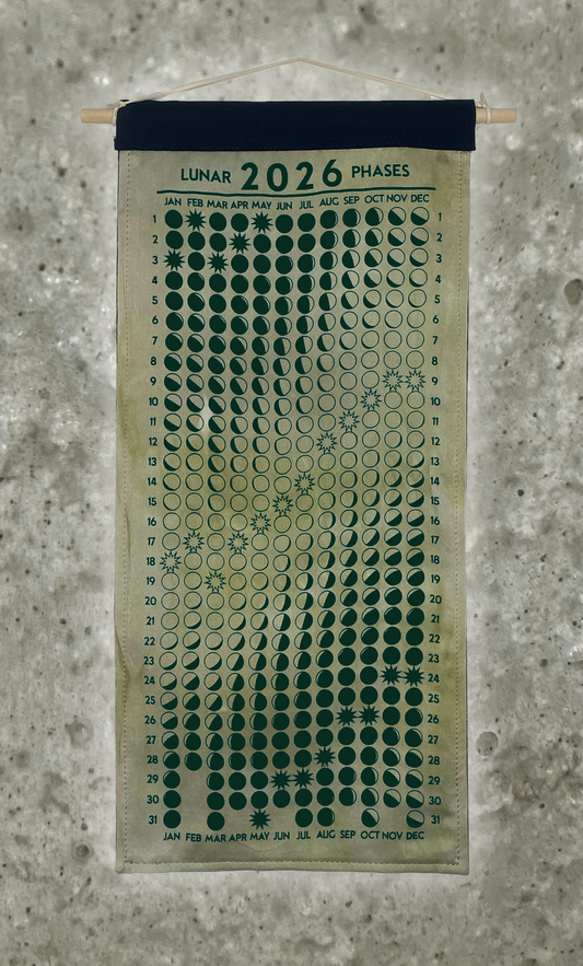 Lunar Phase Calendar 2026 - Light Logwood/Weld Silk w/ Dark Teal Print