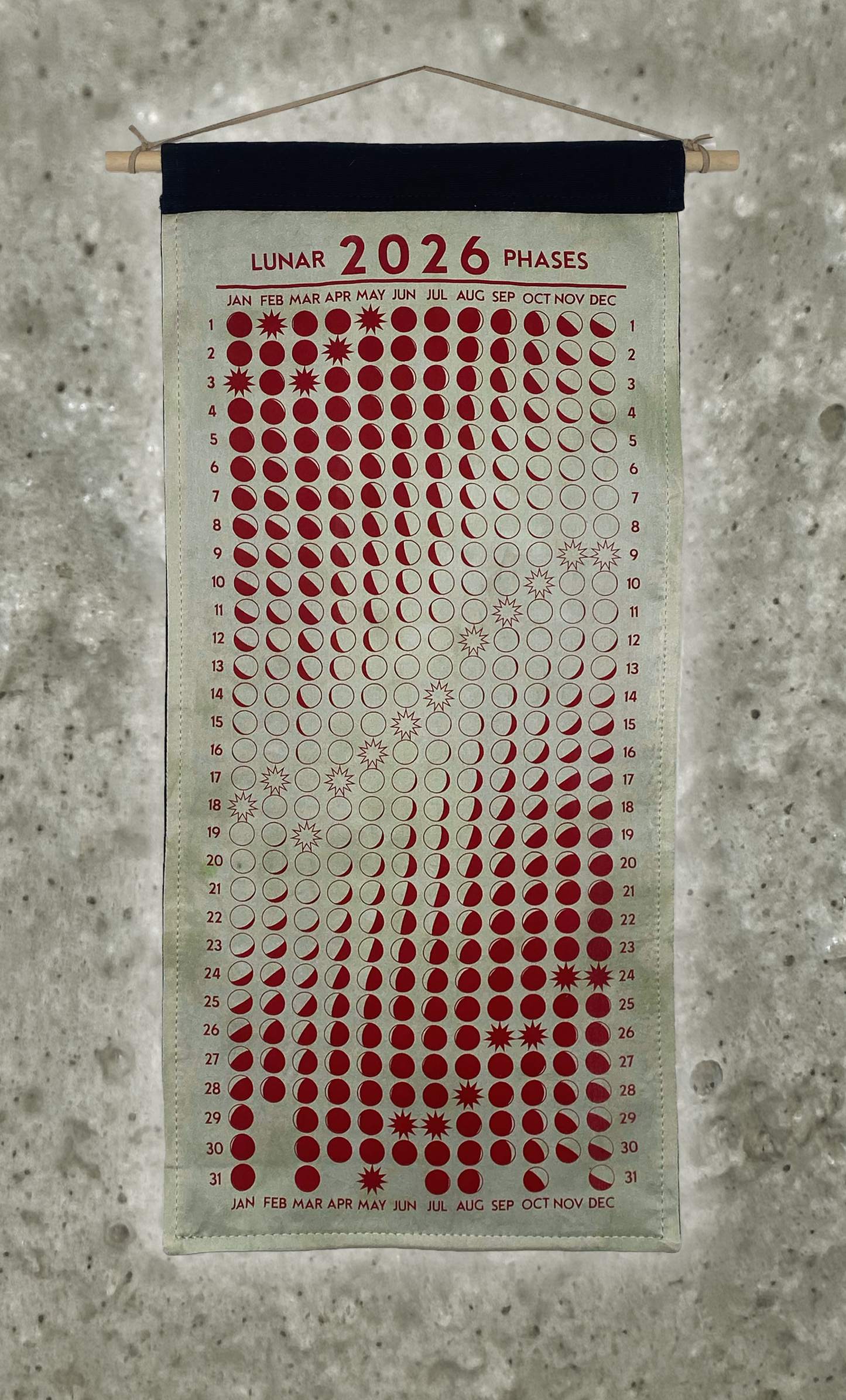 Lunar Phase Calendar 2026 - Light Logwood/Weld Swirl Silk w/ Red Print