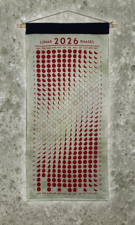 Lunar Phase Calendar 2026 - Light Logwood/Weld Swirl Silk w/ Red Print