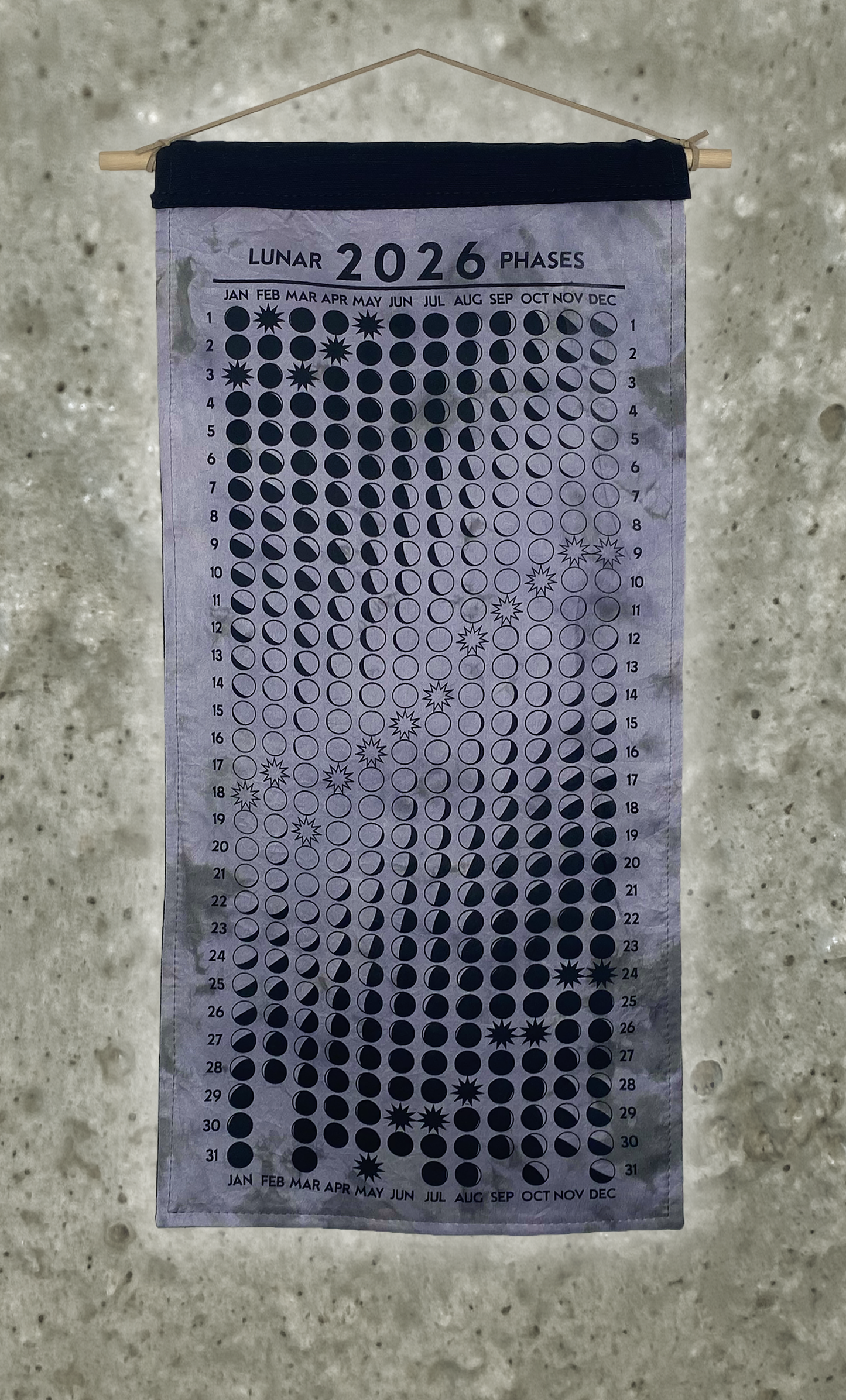 Lunar Phase Calendar 2026 - Deep Drab Logwood/Weld Swirl Silk w/ Black Print