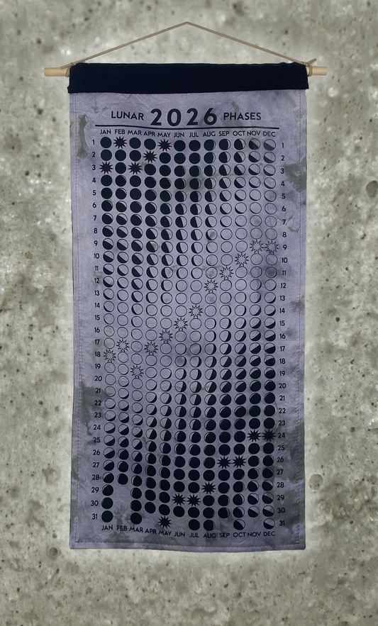 Lunar Phase Calendar 2026 - Deep Drab Logwood/Weld Swirl Silk w/ Black Print