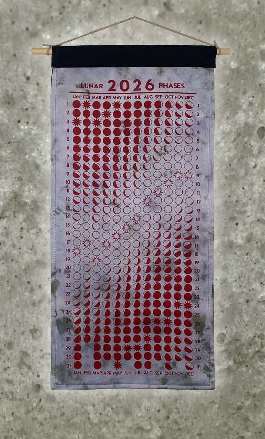 Lunar Phase Calendar 2026 - Deep Drab Logwood/Weld Swirl Silk w/ Red Print