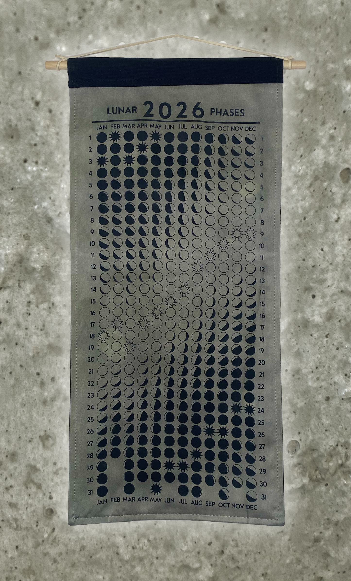 Lunar Phase Calendar 2026 - Light Drab Logwood/Weld Silk w/ Black Print