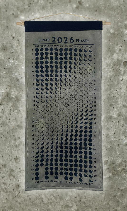 Lunar Phase Calendar 2026 - Light Drab Logwood/Weld Silk w/ Black Print