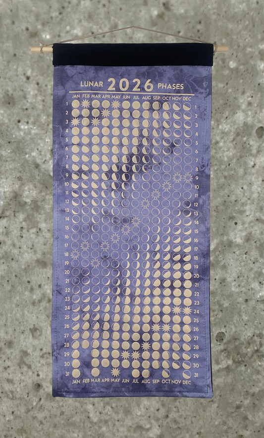 Lunar Phase Calendar 2026 - Logwood Swirl Silk w/ Peach Print