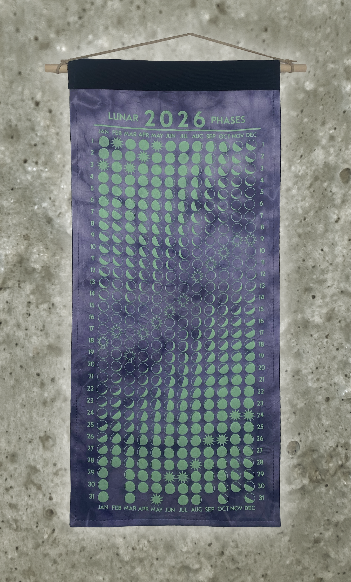 Lunar Phase Calendar 2026 - Deep Logwood Swirl Silk w/ Mint Print