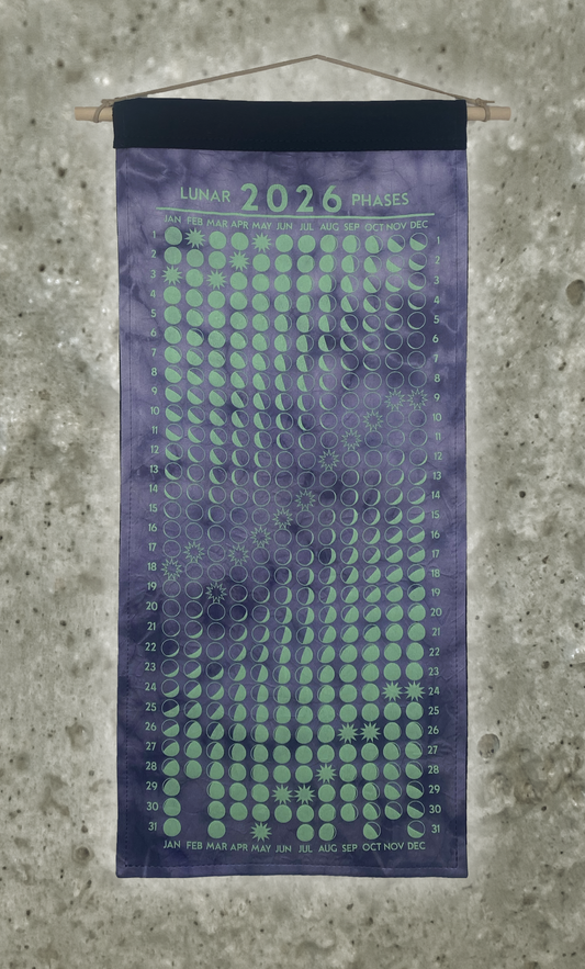 Lunar Phase Calendar 2026 - Deep Logwood Swirl Silk w/ Mint Print