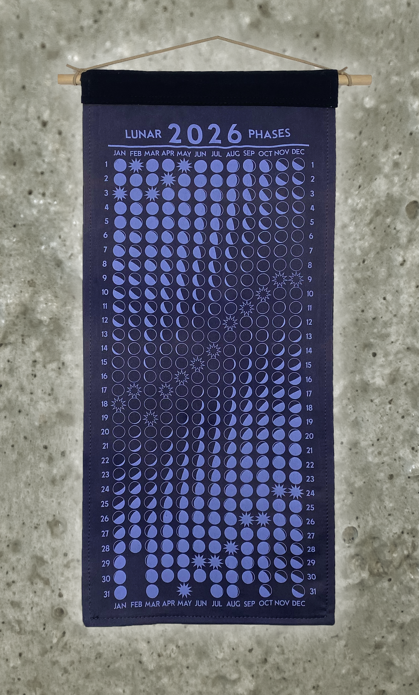 Lunar Phase Calendar 2026 - Deep Logwood Silk w/ Lavender Print