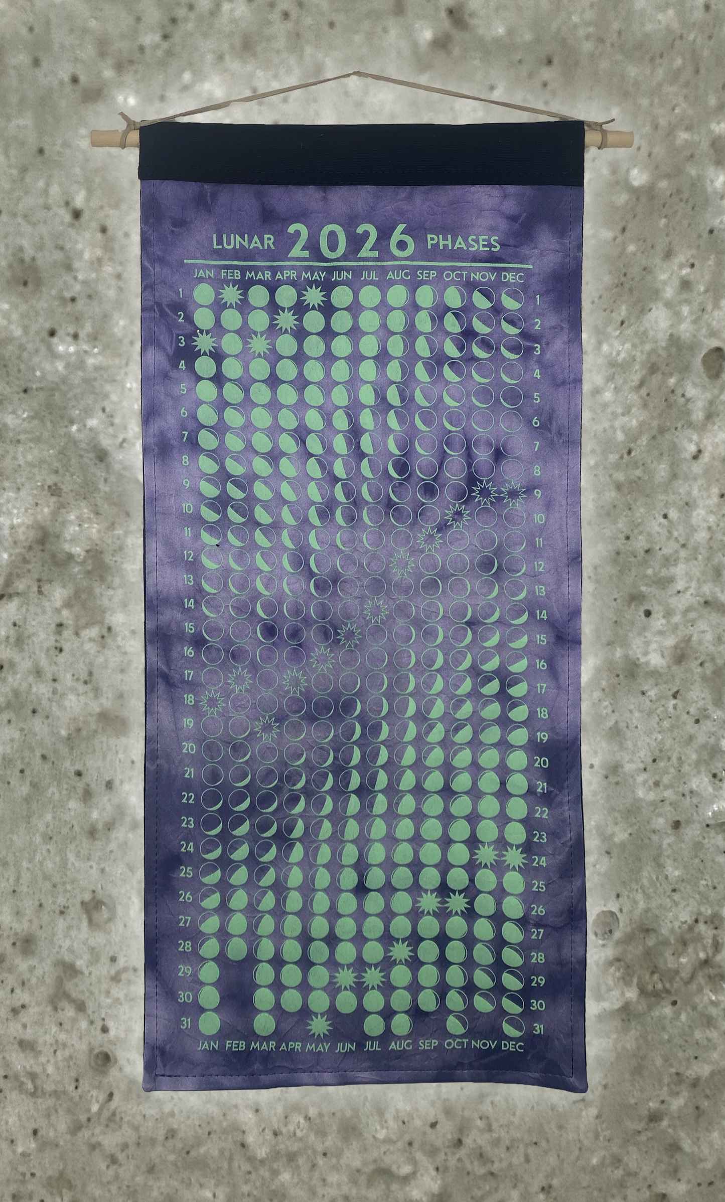 Lunar Phase Calendar 2026 - Logwood Swirl Silk w/ Mint Print