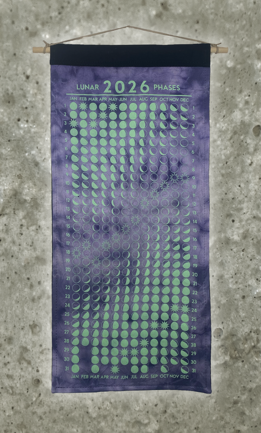 Lunar Phase Calendar 2026 - Logwood Swirl Silk w/ Mint Print