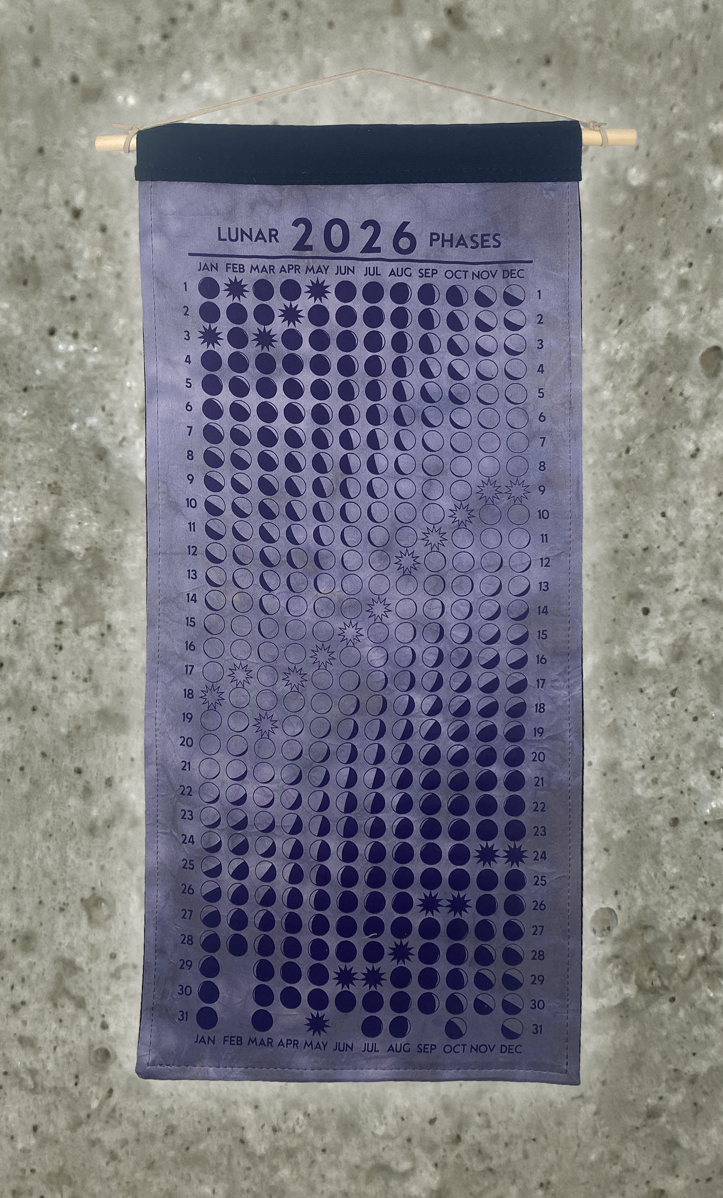Lunar Phase Calendar 2026 - Logwood Swirl Silk w/ Purple Print
