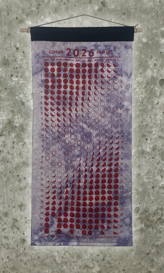Lunar Phase Calendar 2026 - Light Logwood Swirl Silk w/ Red Print