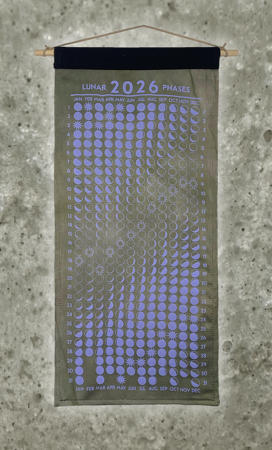 Lunar Phase Calendar 2026 - Deep Drab Logwood/Weld Silk w/ Lavender Print