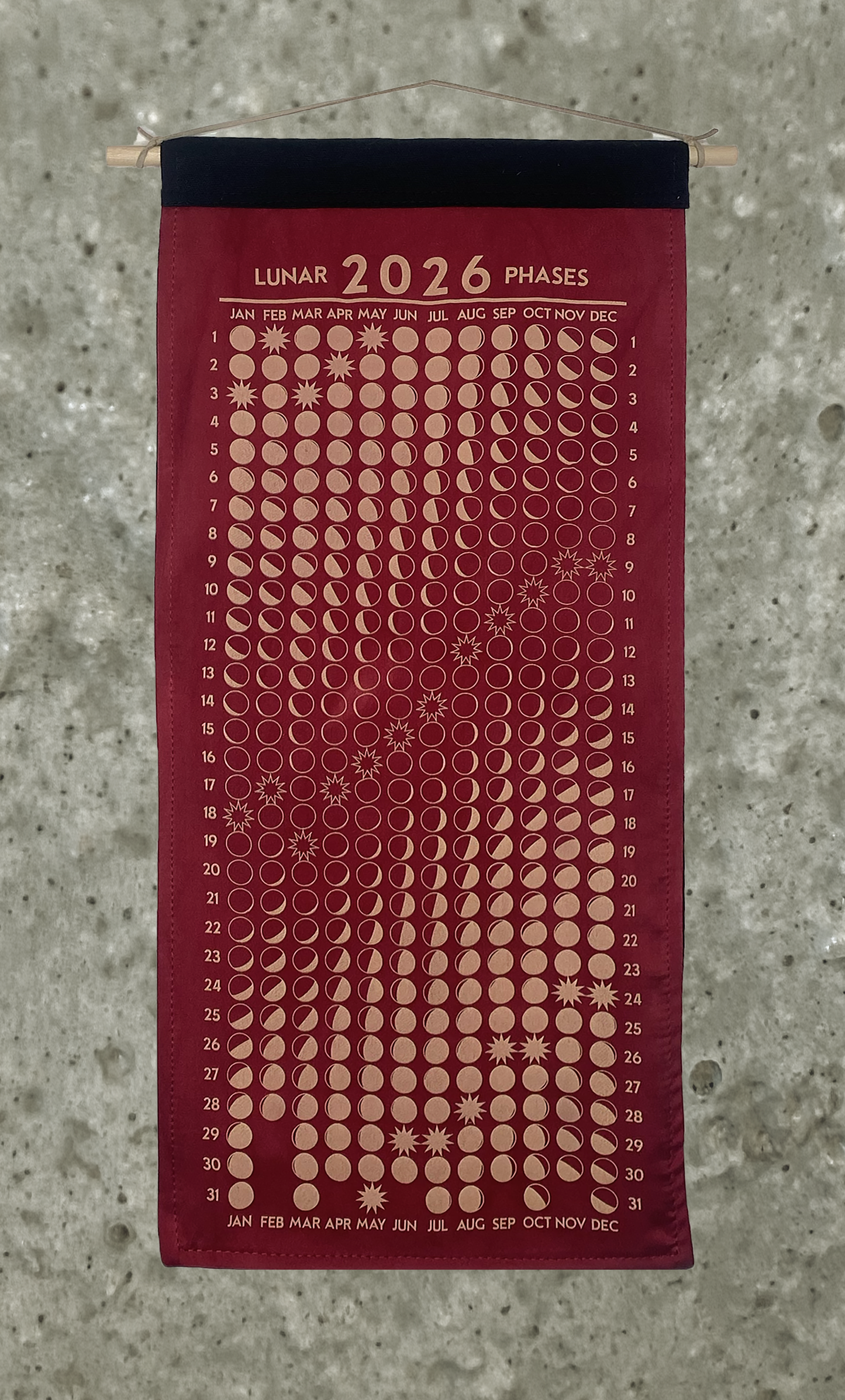 Lunar Phase Calendar 2026 - Deep Madder Silk w/ Peach Print