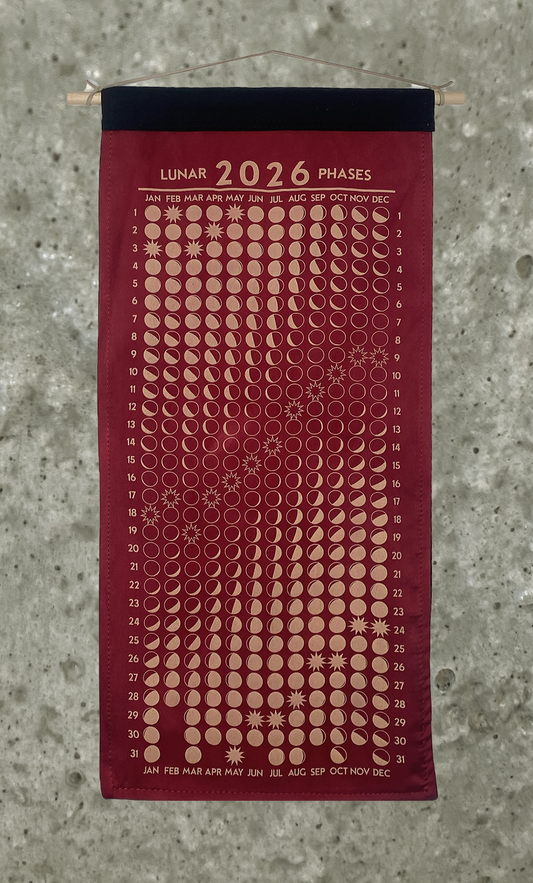 Lunar Phase Calendar 2026 - Deep Madder Silk w/ Peach Print