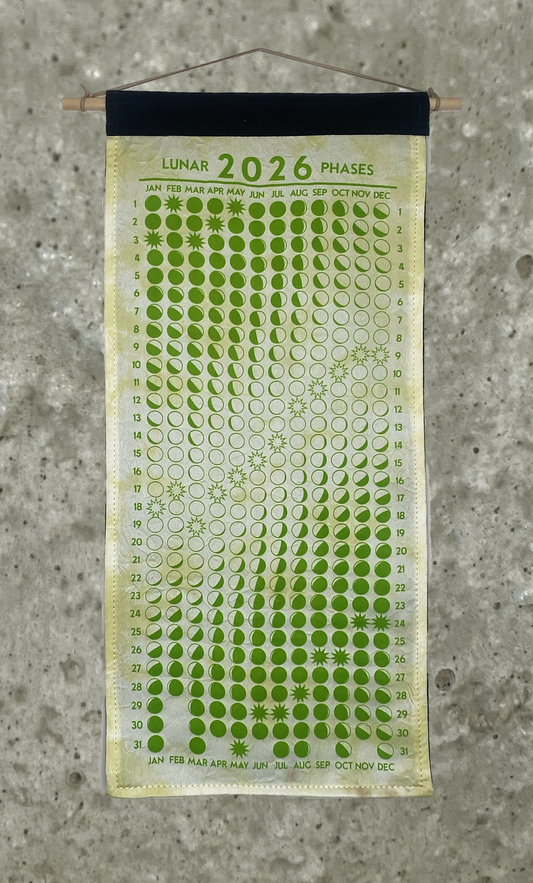 Lunar Phase Calendar 2026 - Light Marigold Swirl Silk w/ Lime Print