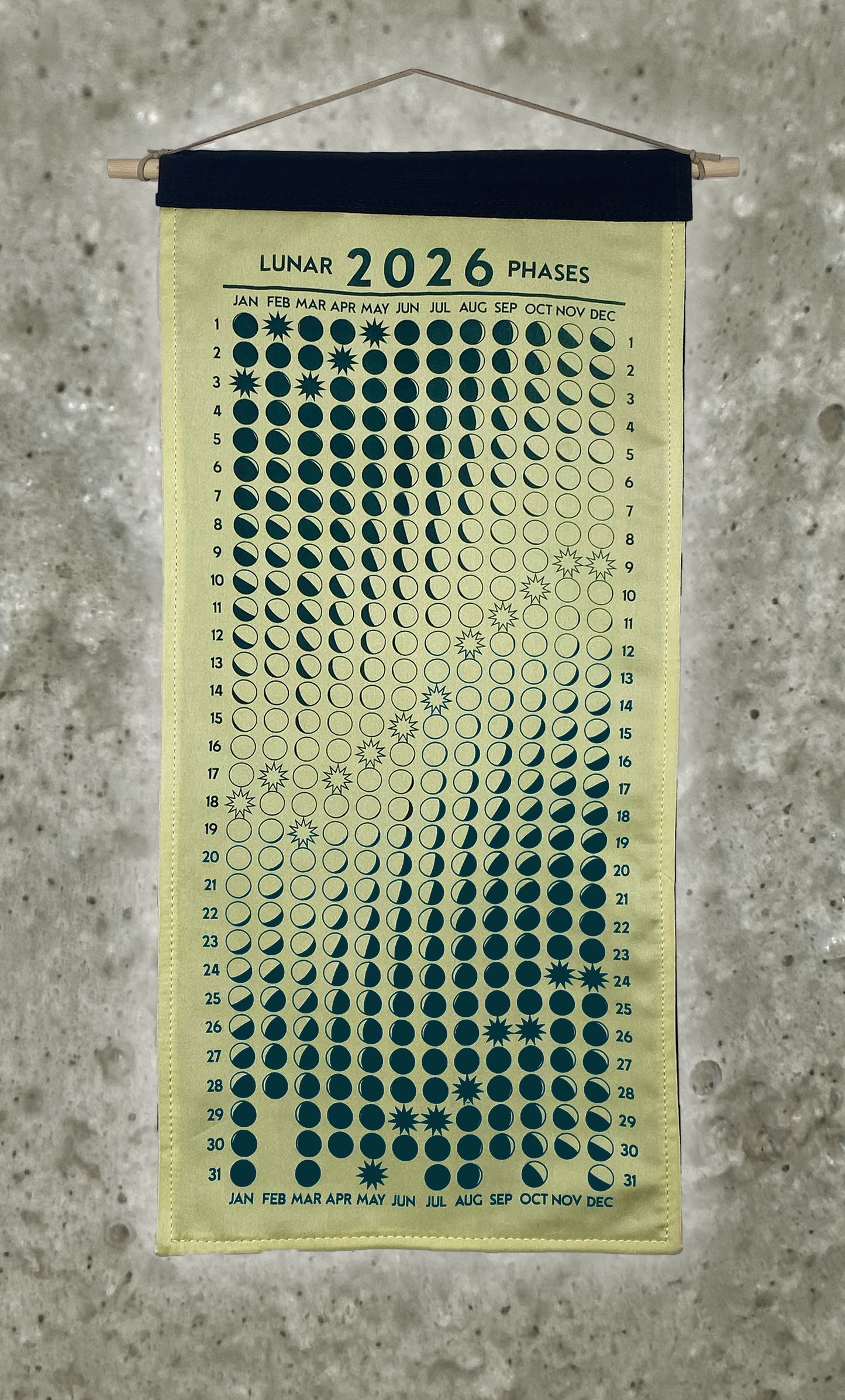 Lunar Phase Calendar 2026 - Light Marigold Silk w/ Dark Teal Print