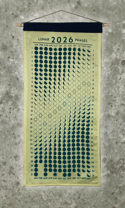 Lunar Phase Calendar 2026 - Light Marigold Silk w/ Dark Teal Print