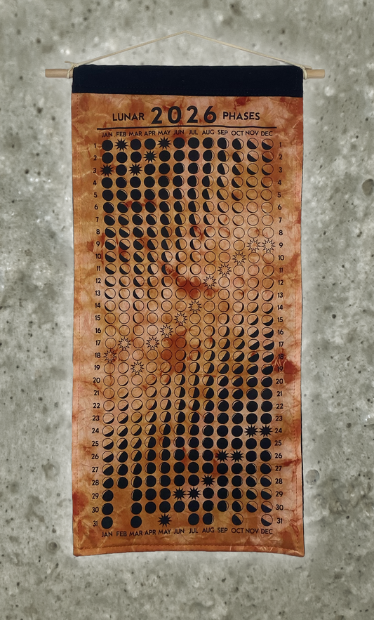 Lunar Phase Calendar 2026 - Deep Marigold/Madder Swirl Silk w/ Black Print