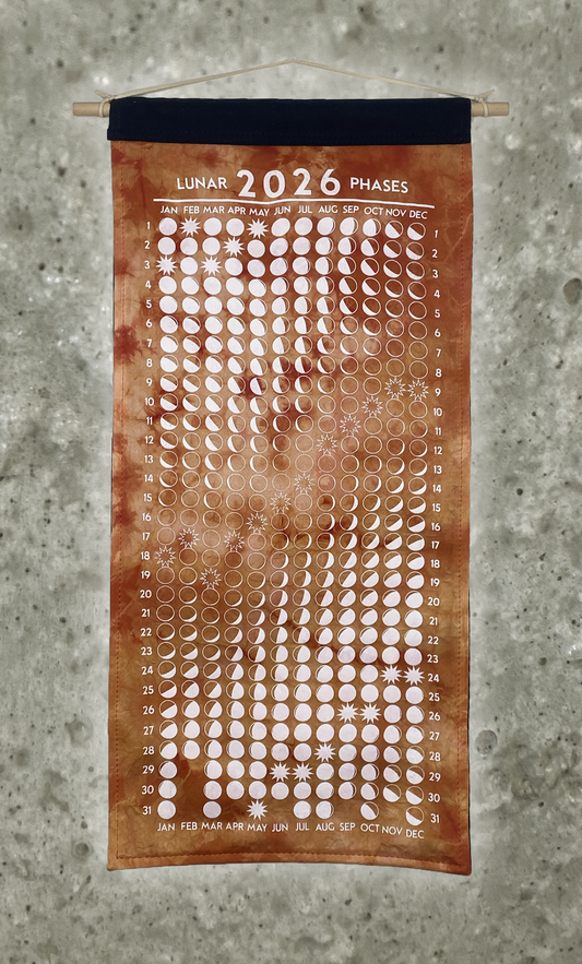 Lunar Phase Calendar 2026 - Deep Marigold/Madder Swirl Silk w/ White Print