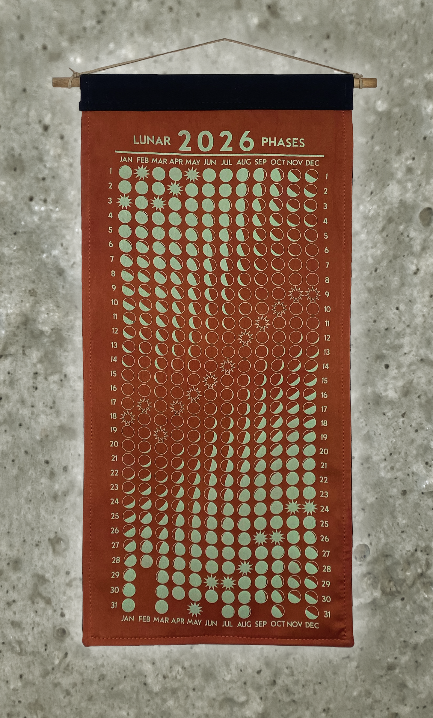 Lunar Phase Calendar 2026 - Deep Marigold/Madder Silk w/ Mint Print
