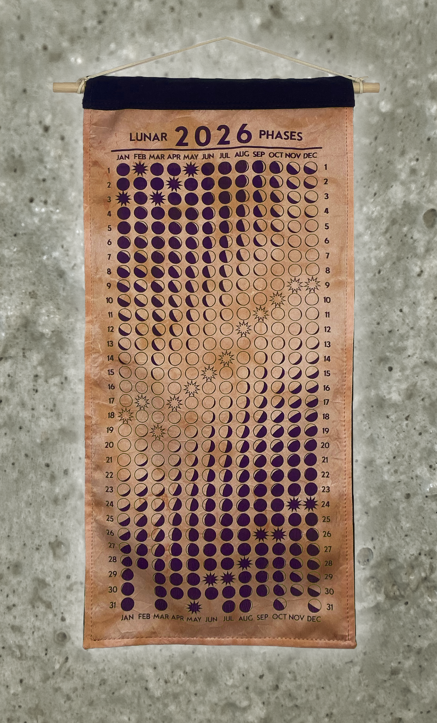 Lunar Phase Calendar 2026 - Marigold/Madder Swirl Silk w/ Purple Print