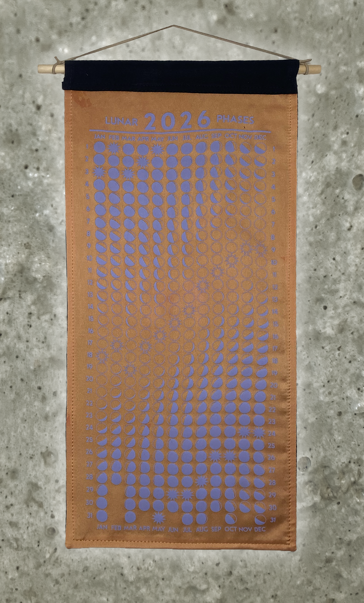 Lunar Phase Calendar 2026 - Marigold/Madder Silk w/ Lavender Print