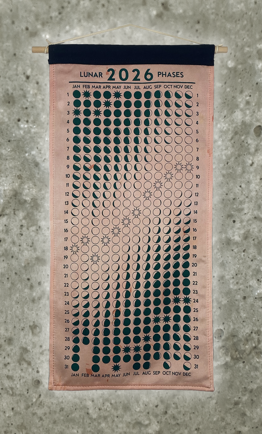 Lunar Phase Calendar 2026 - Light Marigold/Madder Silk w/ Dark Teal Print
