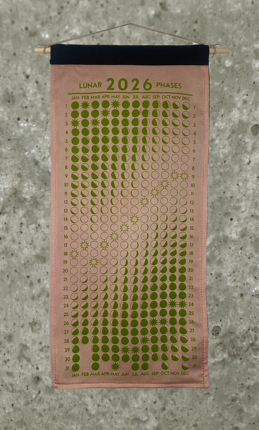 Lunar Phase Calendar 2026 - Light Marigold/Madder Silk w/ Lime Print